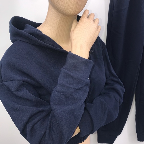 🆕Navy Sweatsuit Jogger Loungewear CropTop Zip Front Coat & Pants W/Pockets - Picture 8 of 13